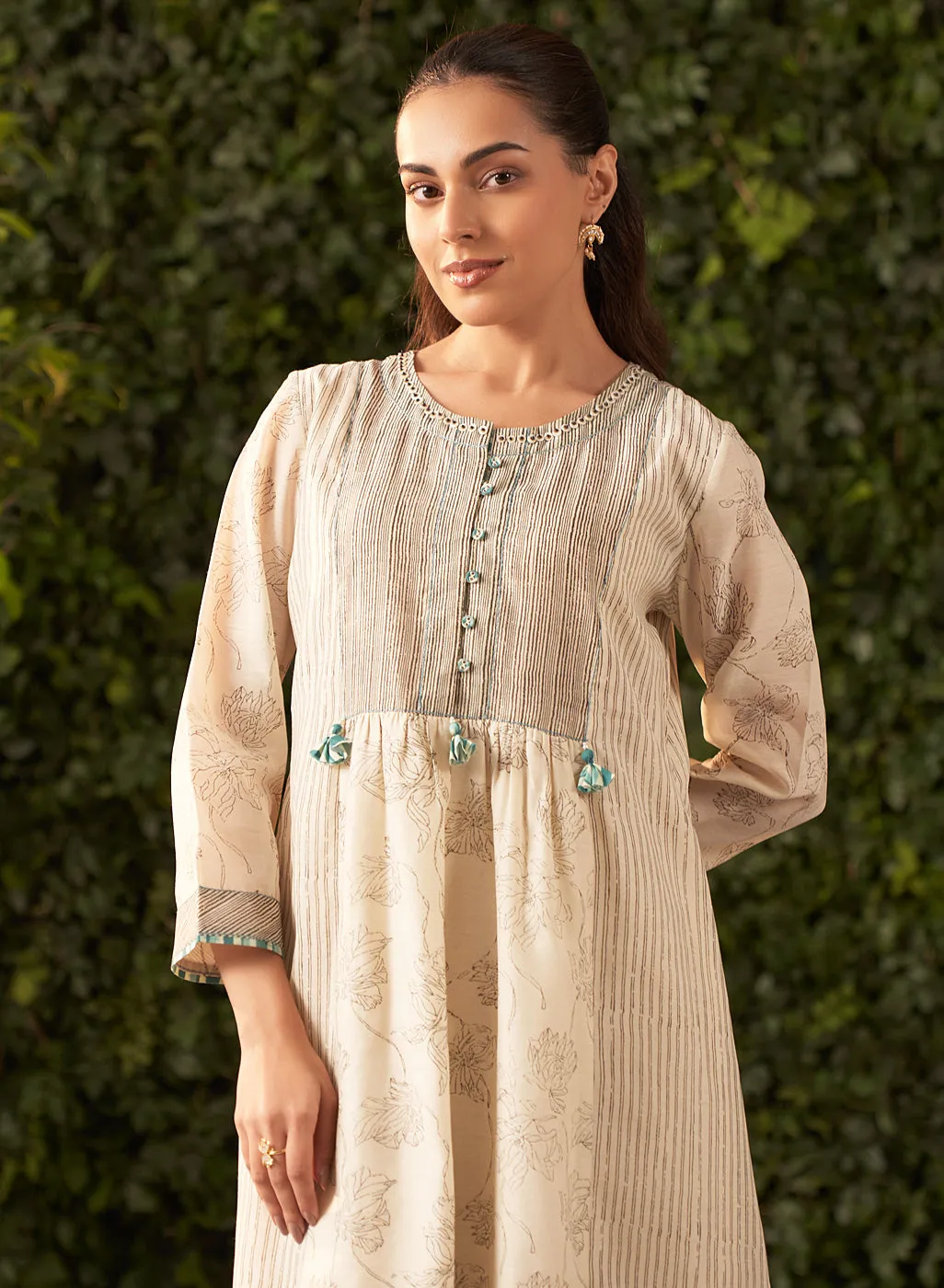 Amaya Cream Printed Chanderi Salwar Kurta Dupatta Set for Women