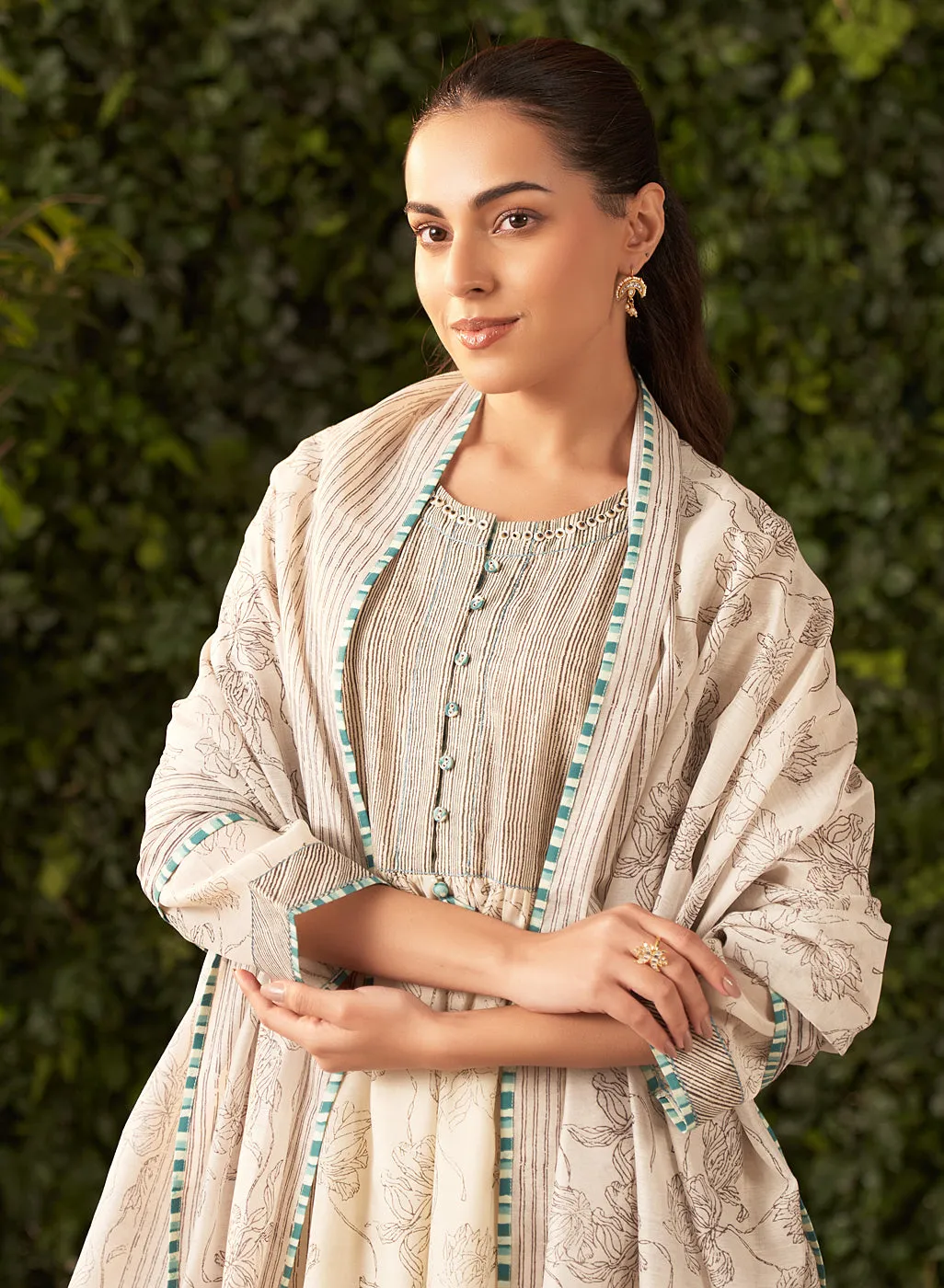 Amaya Cream Printed Chanderi Salwar Kurta Dupatta Set for Women