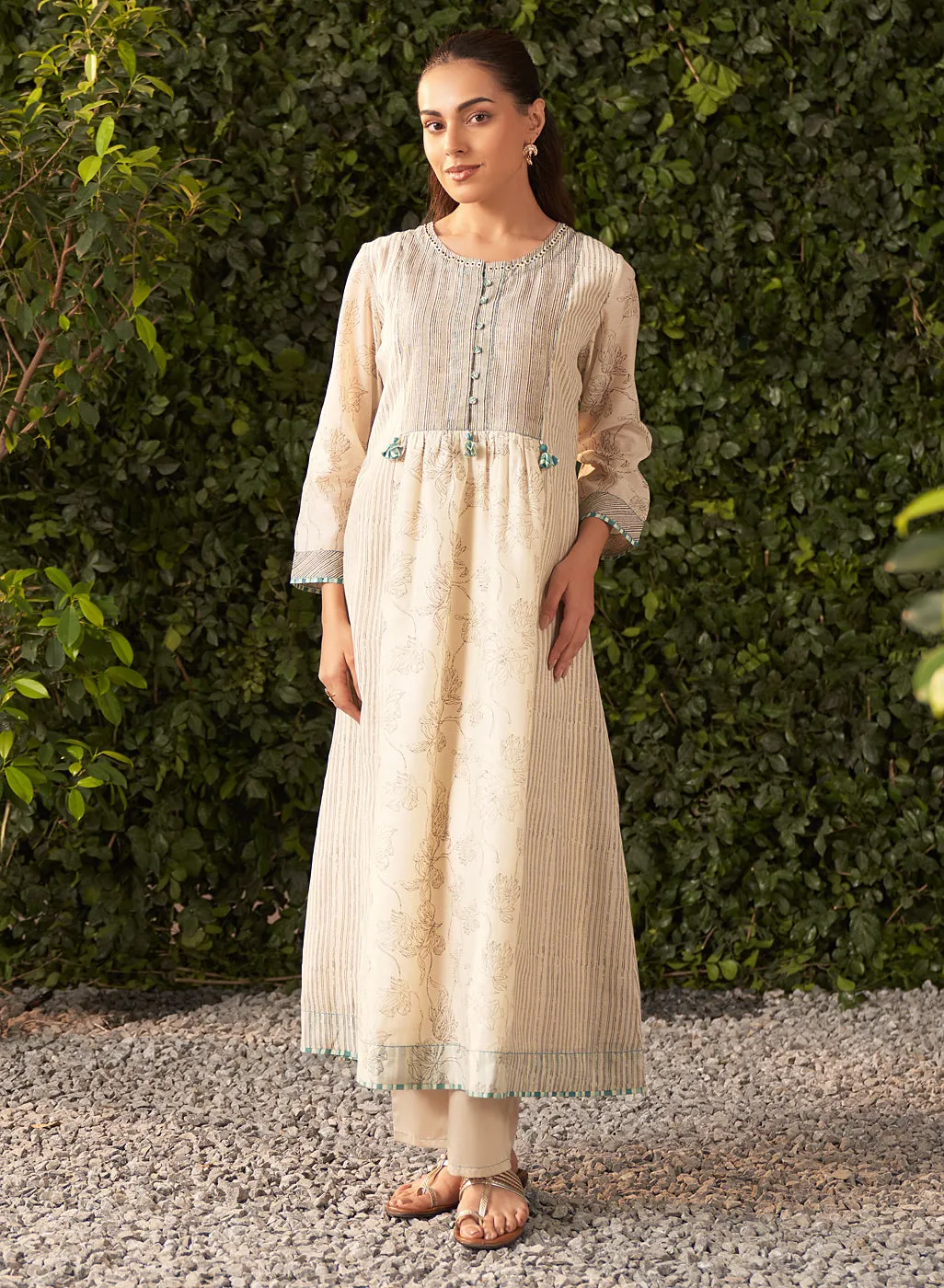 Amaya Cream Printed Chanderi Salwar Kurta Dupatta Set for Women