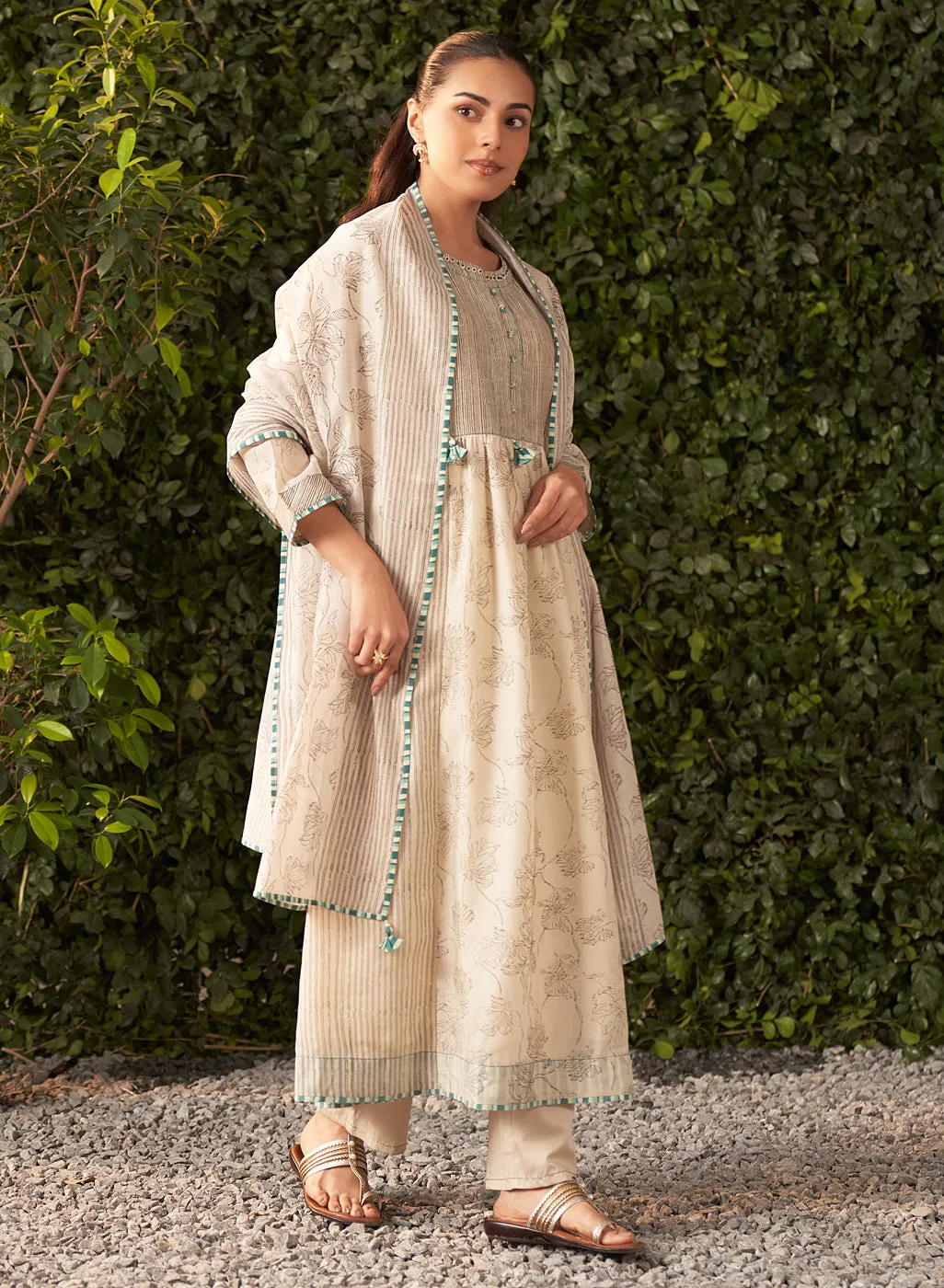 Amaya Cream Printed Chanderi Salwar Kurta Dupatta Set for Women