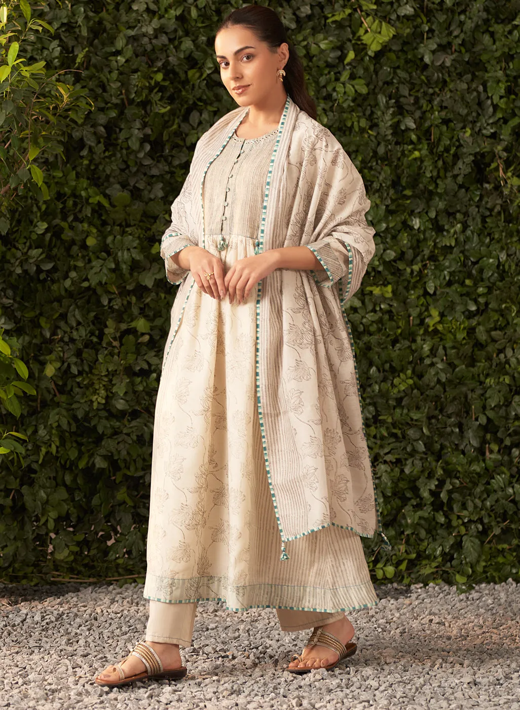 Amaya Cream Printed Chanderi Salwar Kurta Dupatta Set for Women