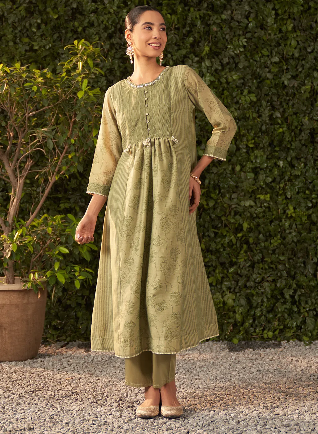 Amaya Green Printed Chanderi Salwar Kurta Dupatta Set for Women