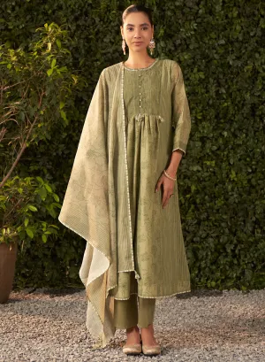 Amaya Green Printed Chanderi Salwar Kurta Dupatta Set for Women