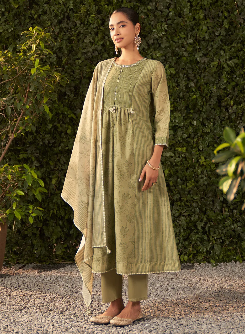 Amaya Green Printed Chanderi Salwar Kurta Dupatta Set for Women