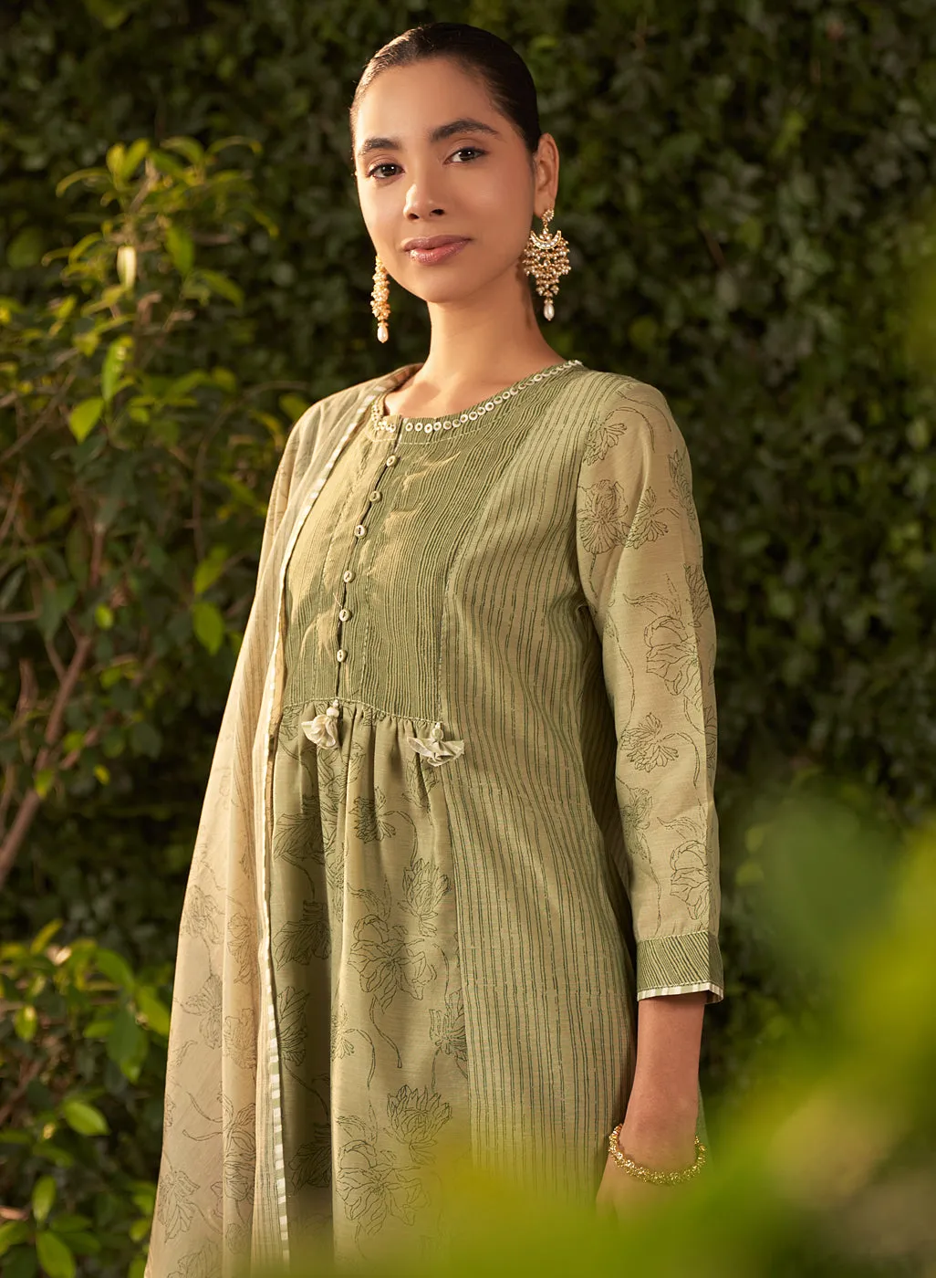 Amaya Green Printed Chanderi Salwar Kurta Dupatta Set for Women