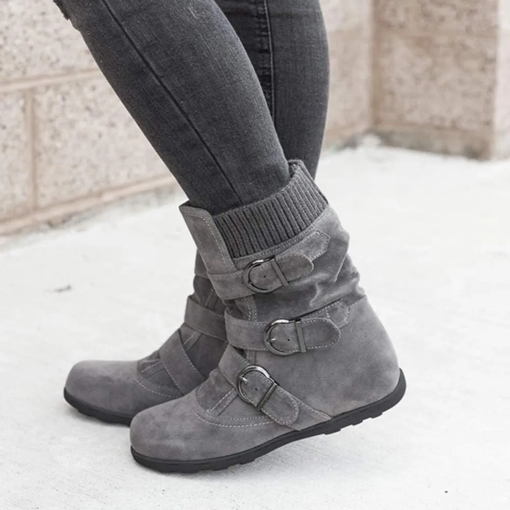 AMDBEL Cowboy Boots for Women, Snow Boots For Women Round Toe Zipper Flat Mid Boots Winter Warm Buckle Strap Snow Boots