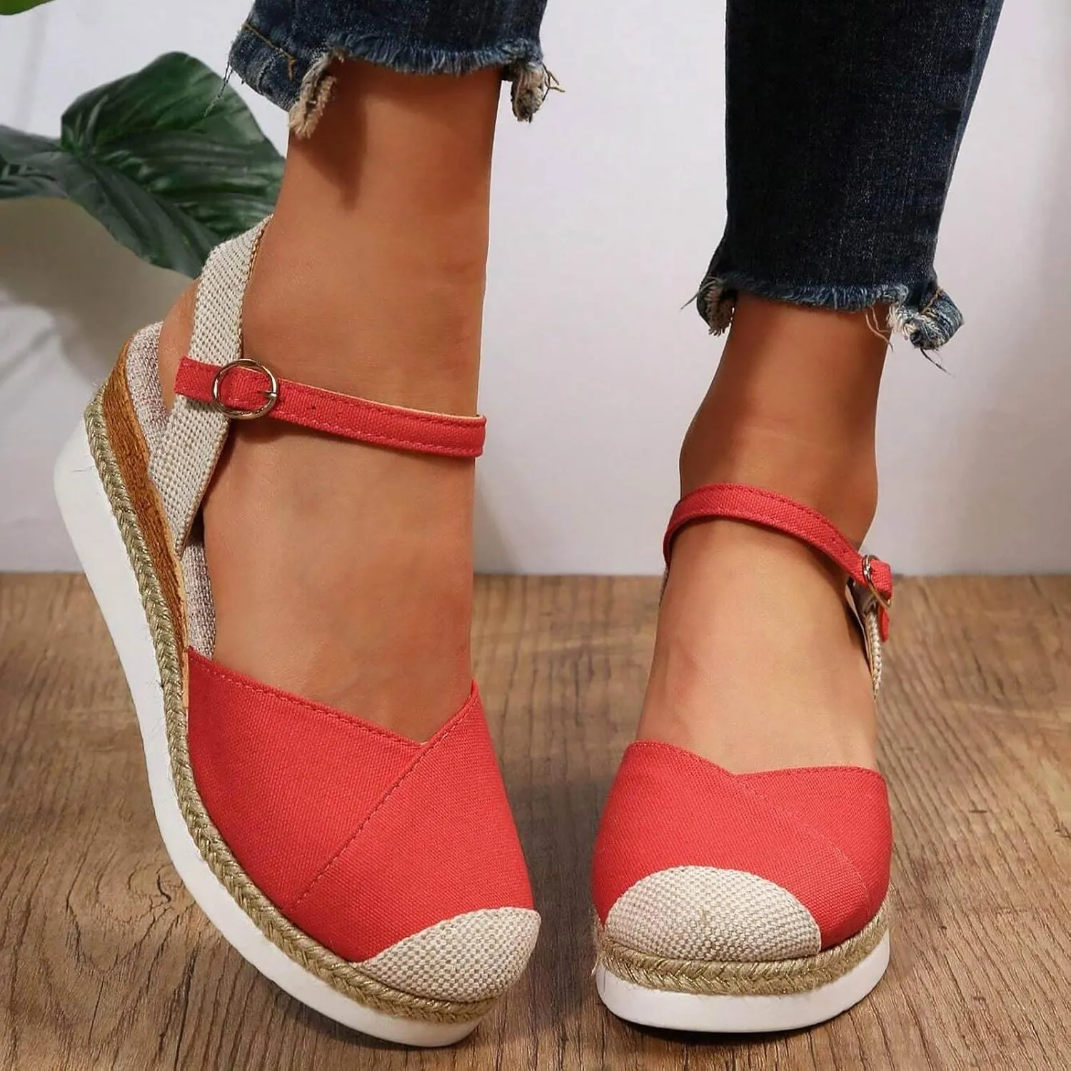 AMDBEL Summer Sandals for Women 2024 Trendy Sandals Women Closed Toe Espadrilles Flatform Wedge Sandal Buckle Ankle Strap