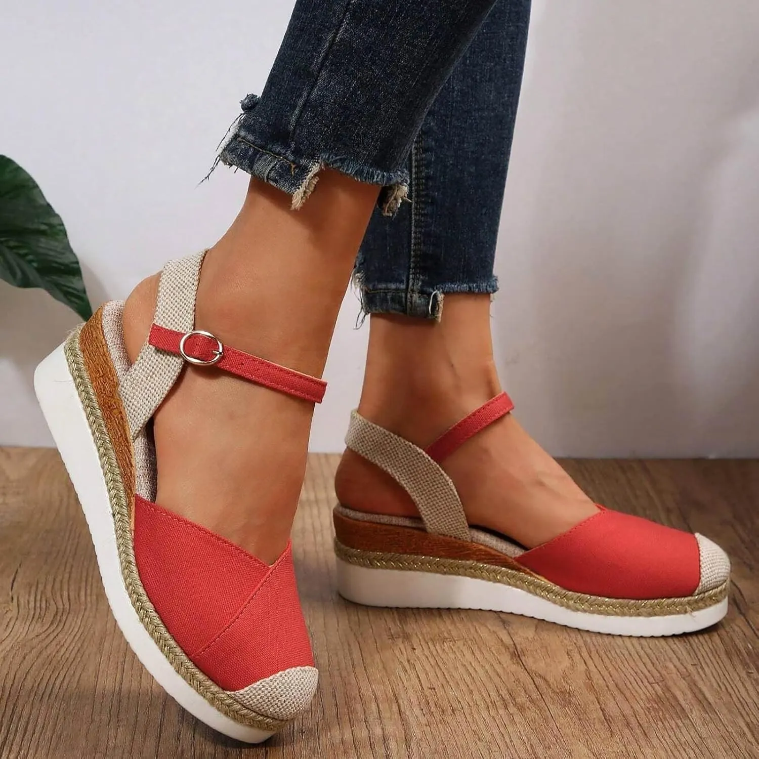 AMDBEL Summer Sandals for Women 2024 Trendy Sandals Women Closed Toe Espadrilles Flatform Wedge Sandal Buckle Ankle Strap