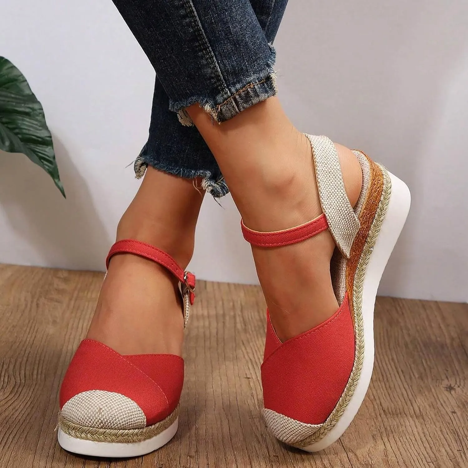 AMDBEL Summer Sandals for Women 2024 Trendy Sandals Women Closed Toe Espadrilles Flatform Wedge Sandal Buckle Ankle Strap
