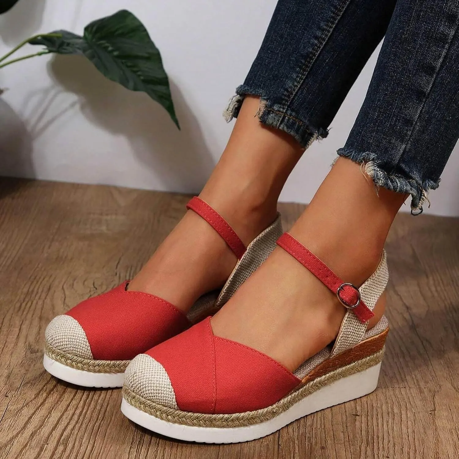 AMDBEL Summer Sandals for Women 2024 Trendy Sandals Women Closed Toe Espadrilles Flatform Wedge Sandal Buckle Ankle Strap