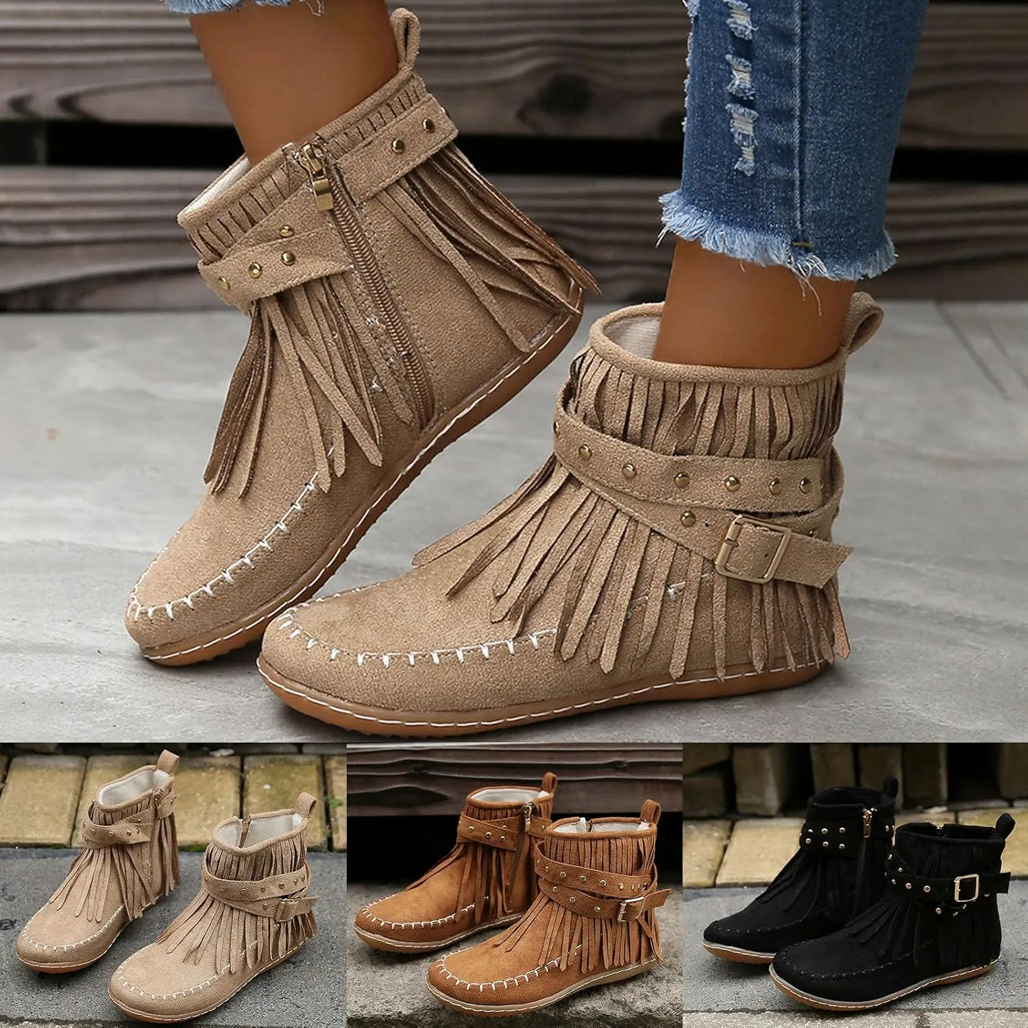 Ankle Boots for Women Comfortable Boots for Women Suede Fringe Tassel Round Toe Fashion Autumn and Winter Side Zipper