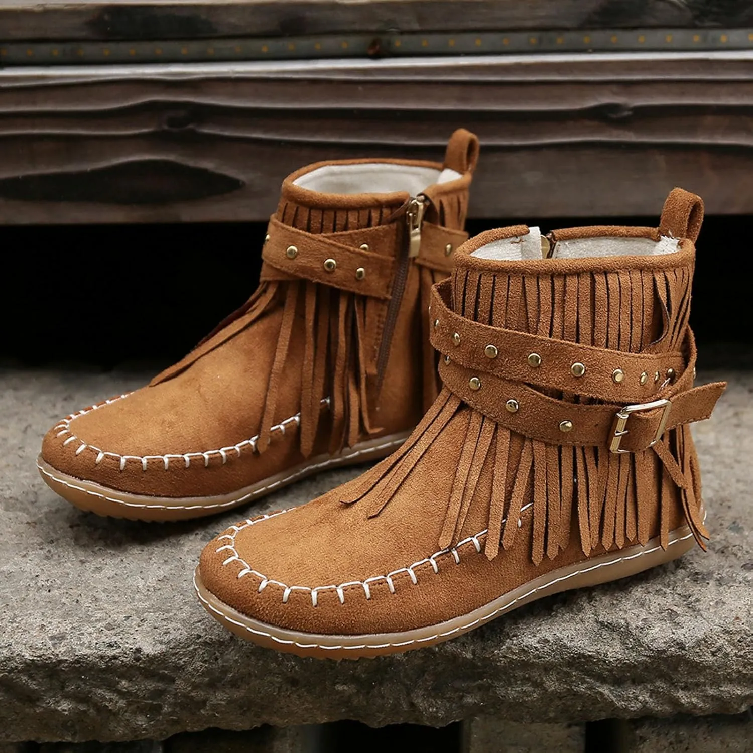 Ankle Boots for Women Comfortable Boots for Women Suede Fringe Tassel Round Toe Fashion Autumn and Winter Side Zipper