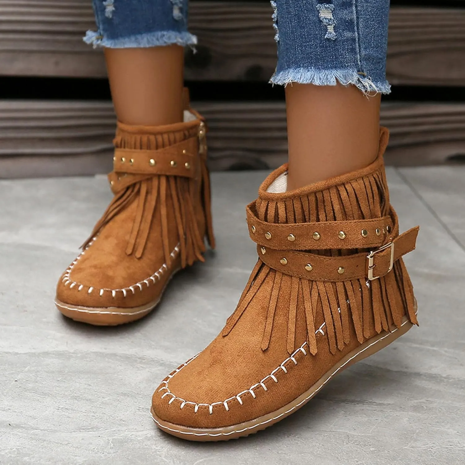 Ankle Boots for Women Comfortable Boots for Women Suede Fringe Tassel Round Toe Fashion Autumn and Winter Side Zipper