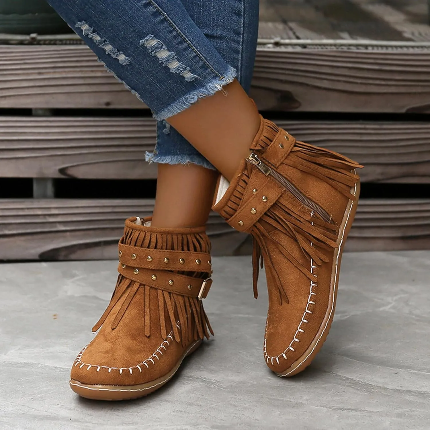 Ankle Boots for Women Comfortable Boots for Women Suede Fringe Tassel Round Toe Fashion Autumn and Winter Side Zipper
