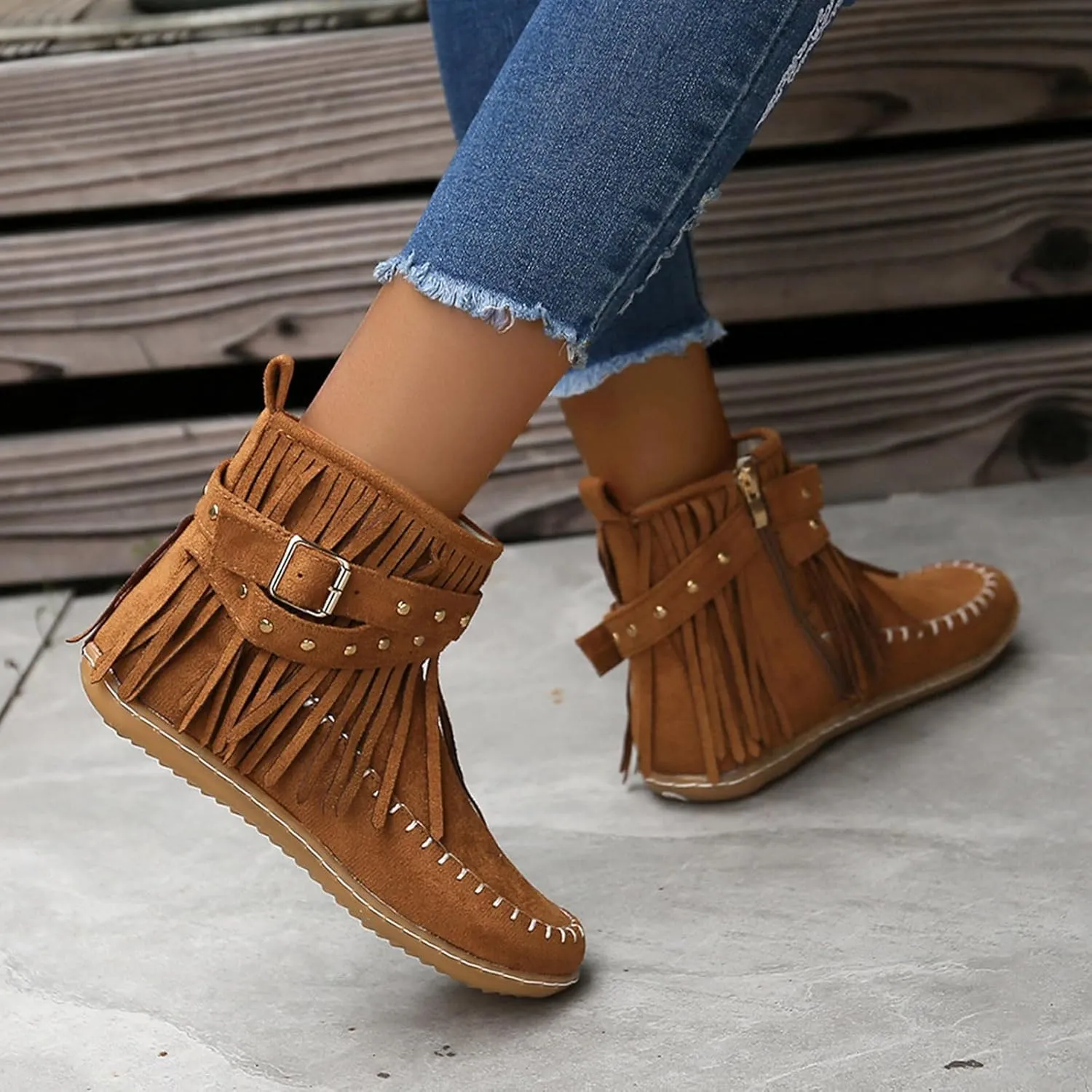 Ankle Boots for Women Comfortable Boots for Women Suede Fringe Tassel Round Toe Fashion Autumn and Winter Side Zipper