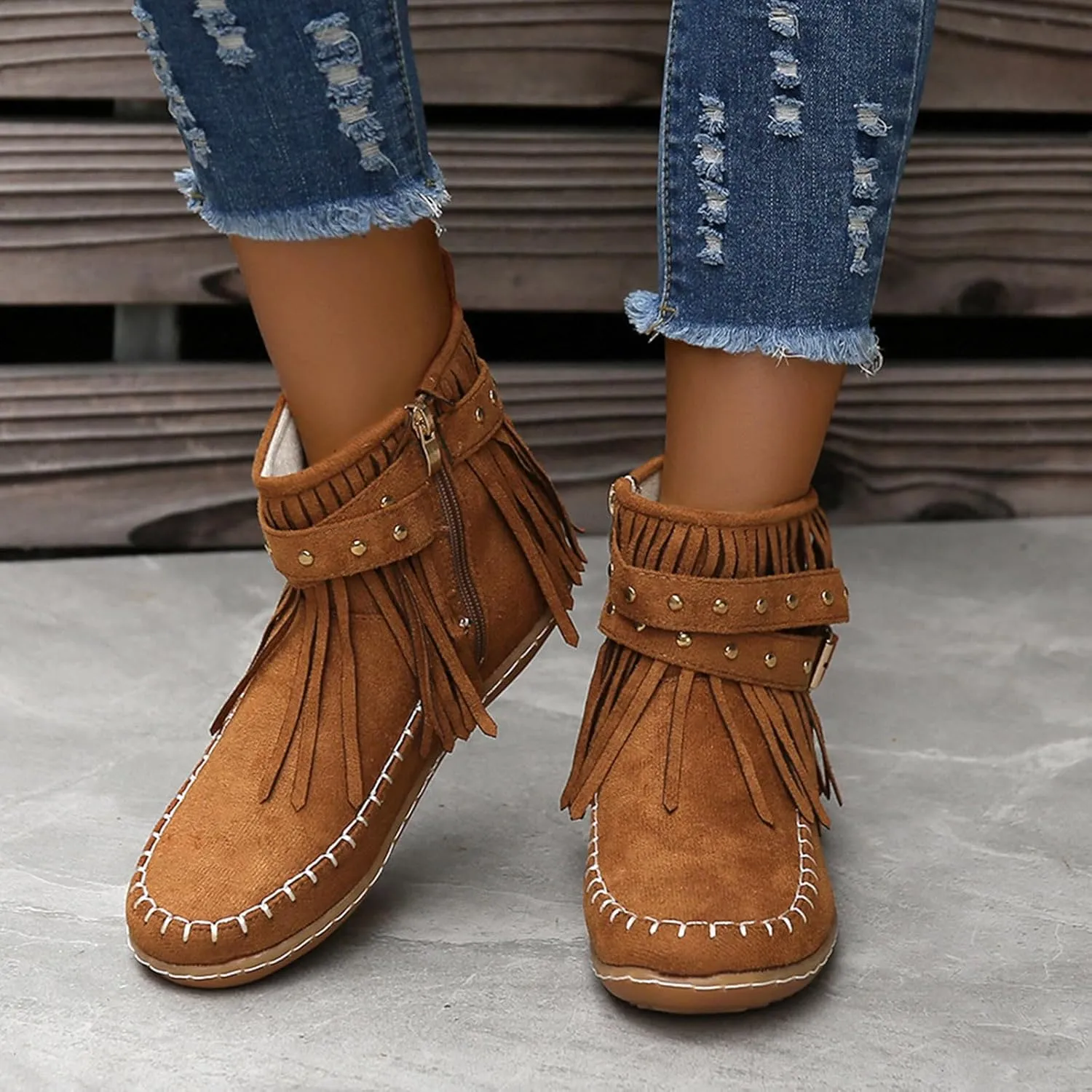 Ankle Boots for Women Comfortable Boots for Women Suede Fringe Tassel Round Toe Fashion Autumn and Winter Side Zipper