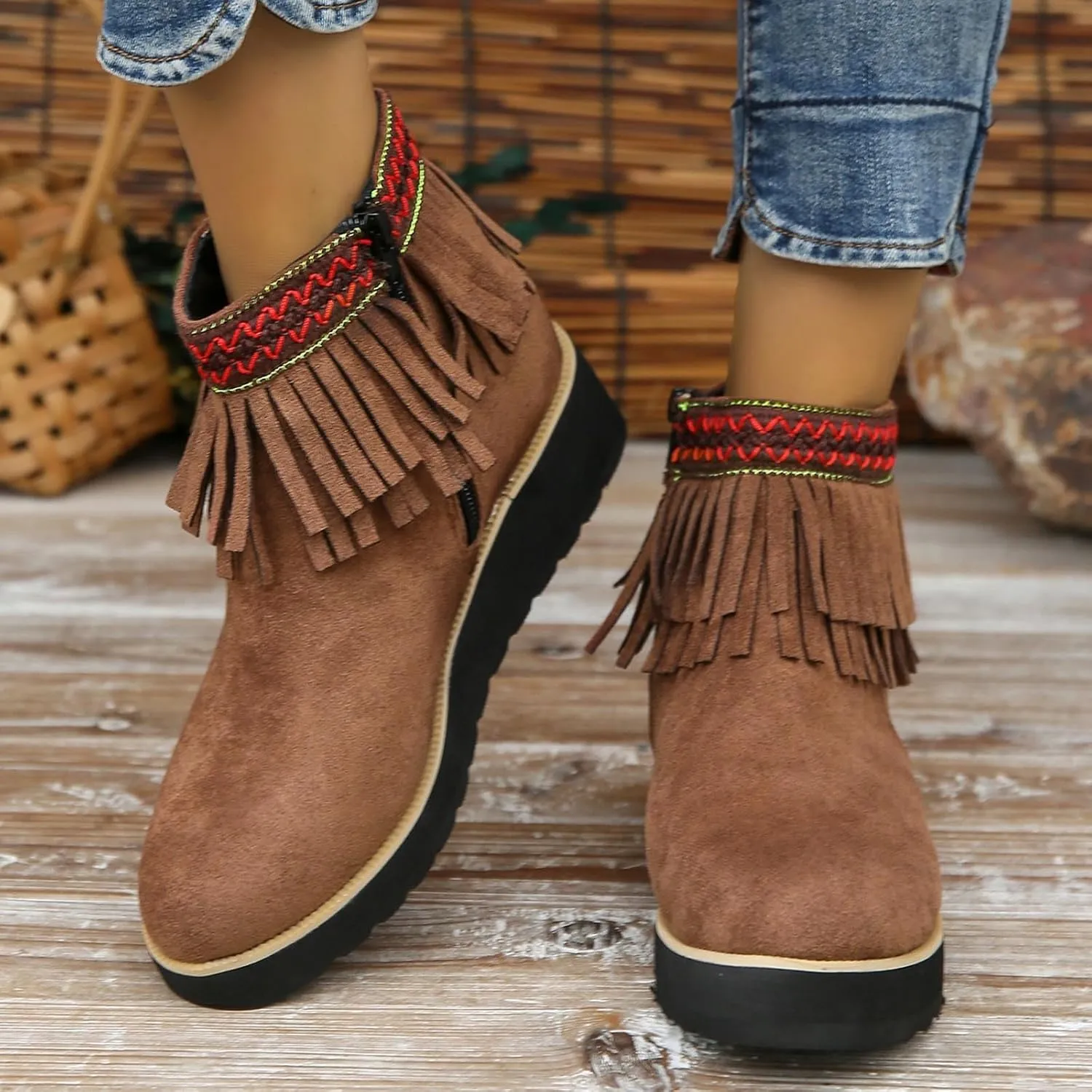 Ankle Boots for Women Dressy Platform Boots Comfortable Soft Sole Chunky Slope Heel Fringe Frosted Suede Booties