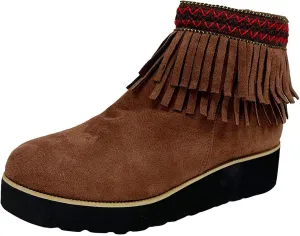 Ankle Boots for Women Dressy Platform Boots Comfortable Soft Sole Chunky Slope Heel Fringe Frosted Suede Booties