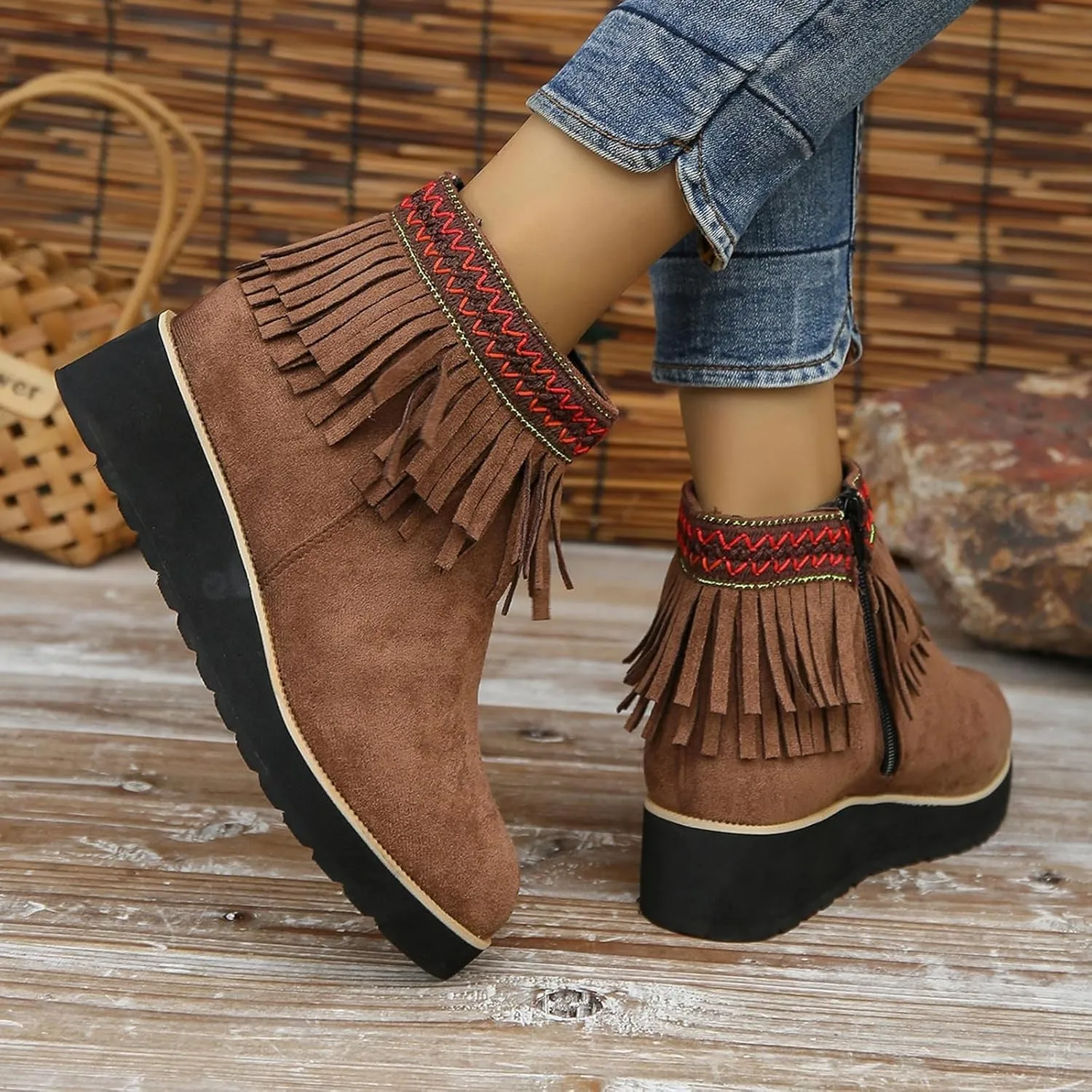 Ankle Boots for Women Dressy Platform Boots Comfortable Soft Sole Chunky Slope Heel Fringe Frosted Suede Booties