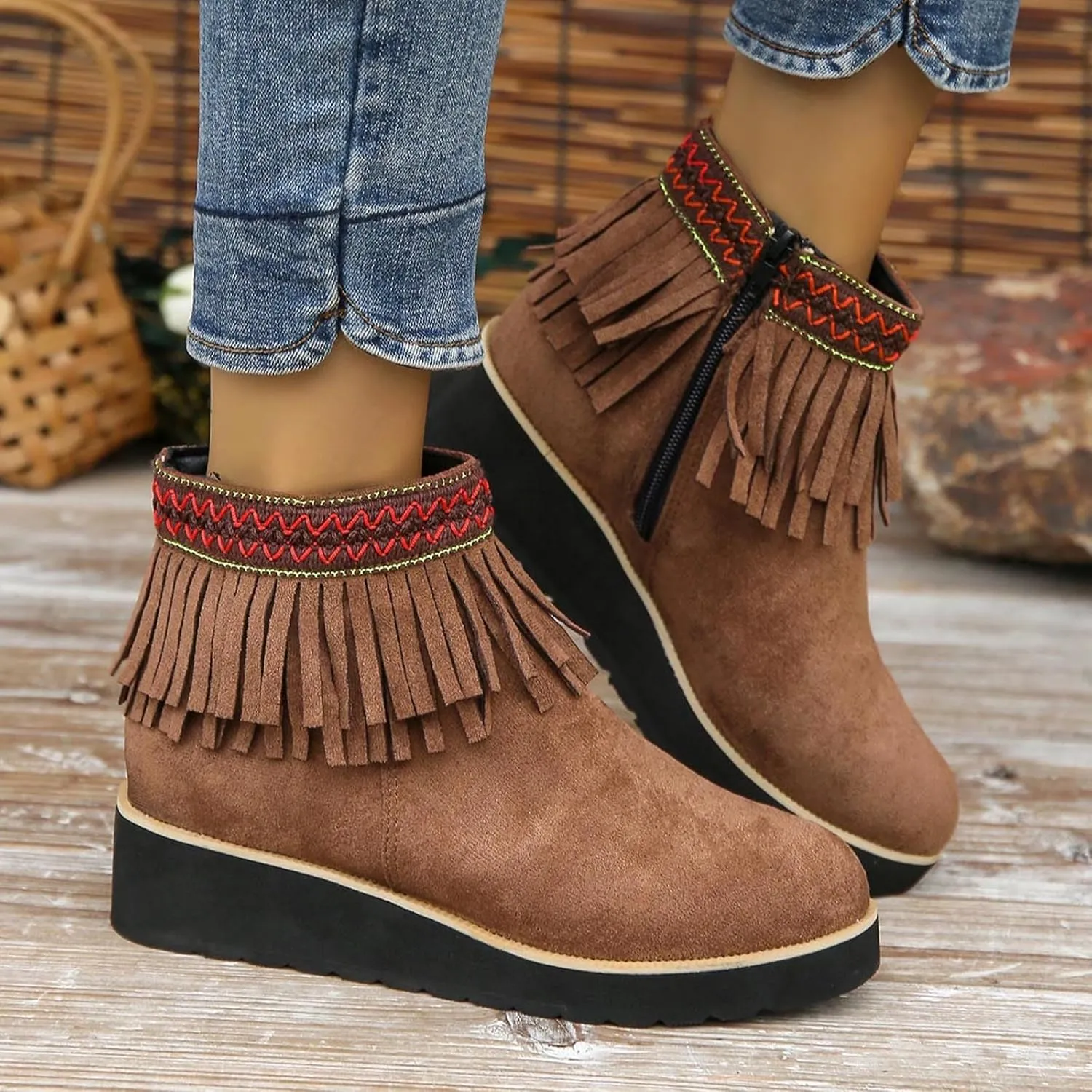 Ankle Boots for Women Dressy Platform Boots Comfortable Soft Sole Chunky Slope Heel Fringe Frosted Suede Booties