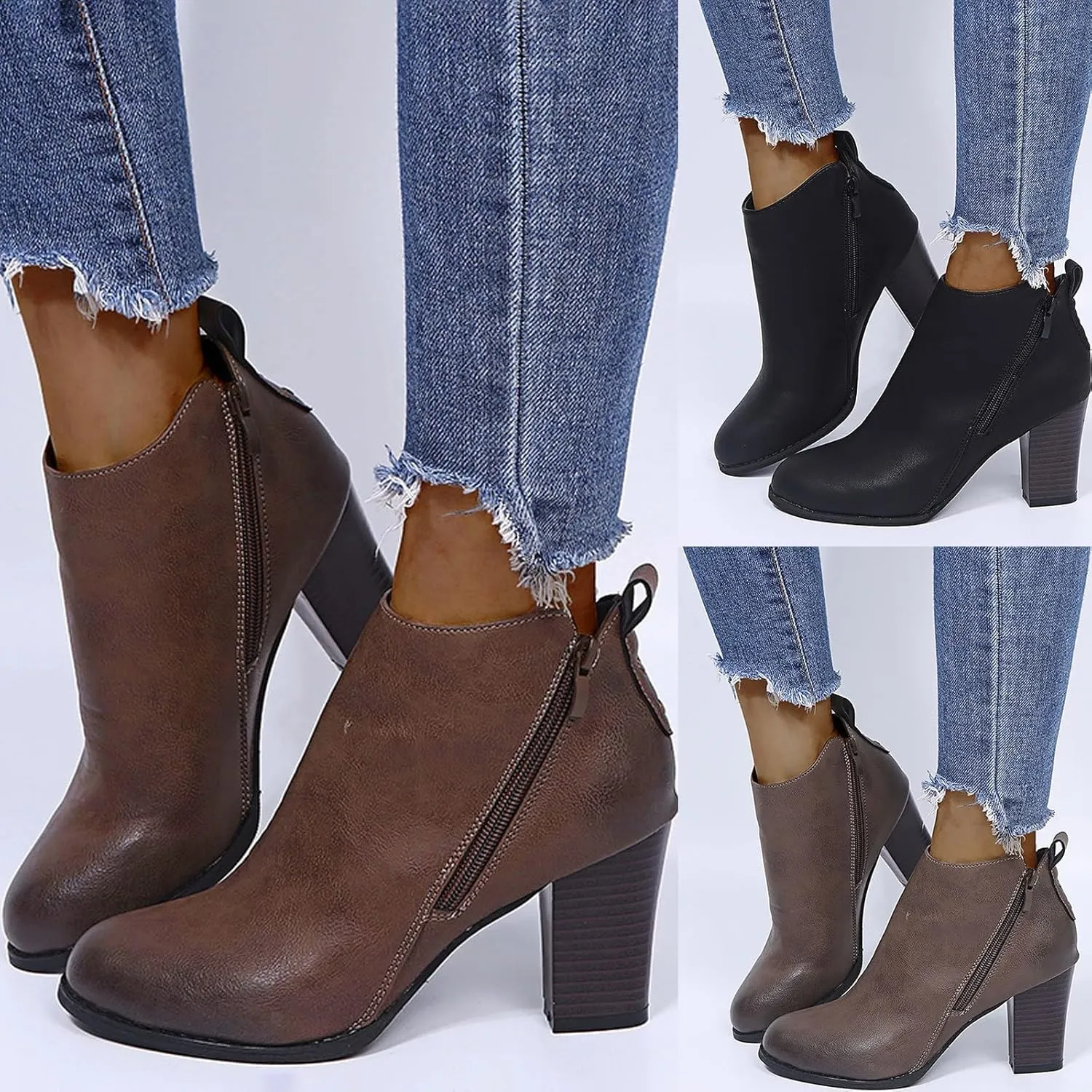 Ankle Boots for Women Low Heel Womens Work Boots Fashion Casual Pointed Toe Diagonal Side Zipper High Heeled Shoes