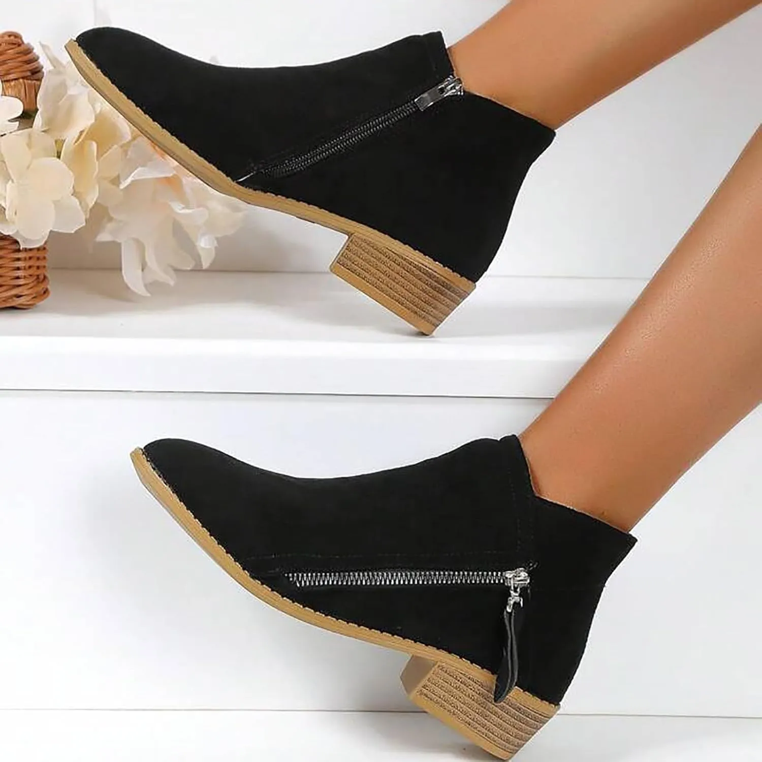 Ankle Boots for Women Mid Calf Boots Fashion Comfortable Soft Sole Ankle Boots Outdoor Casual Suede Zipper Short Boot