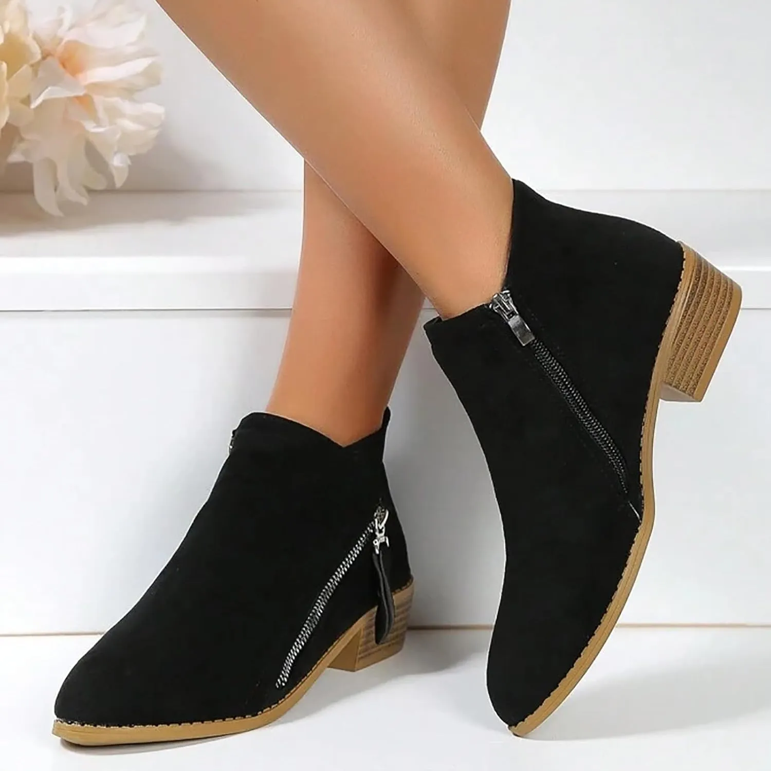 Ankle Boots for Women Mid Calf Boots Fashion Comfortable Soft Sole Ankle Boots Outdoor Casual Suede Zipper Short Boot