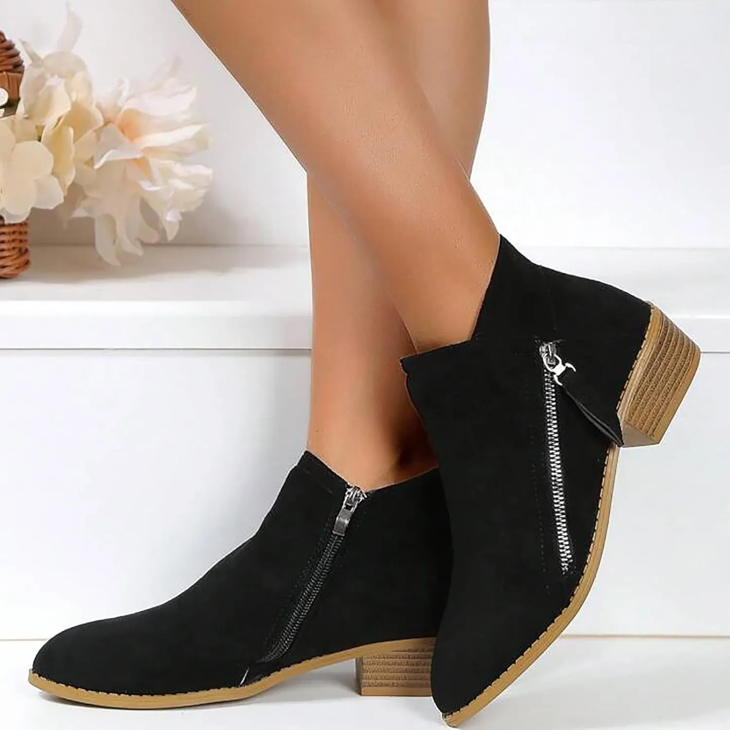 Ankle Boots for Women Mid Calf Boots Fashion Comfortable Soft Sole Ankle Boots Outdoor Casual Suede Zipper Short Boot