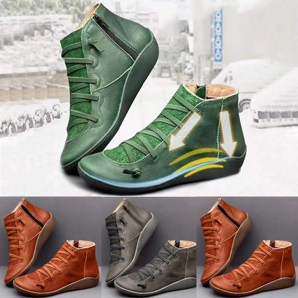 Ankle Boots for Women No Heel,2019 New Arch Support Booties Side Zip-up Vintage Leather Damping Shoes Flat Heel Booties