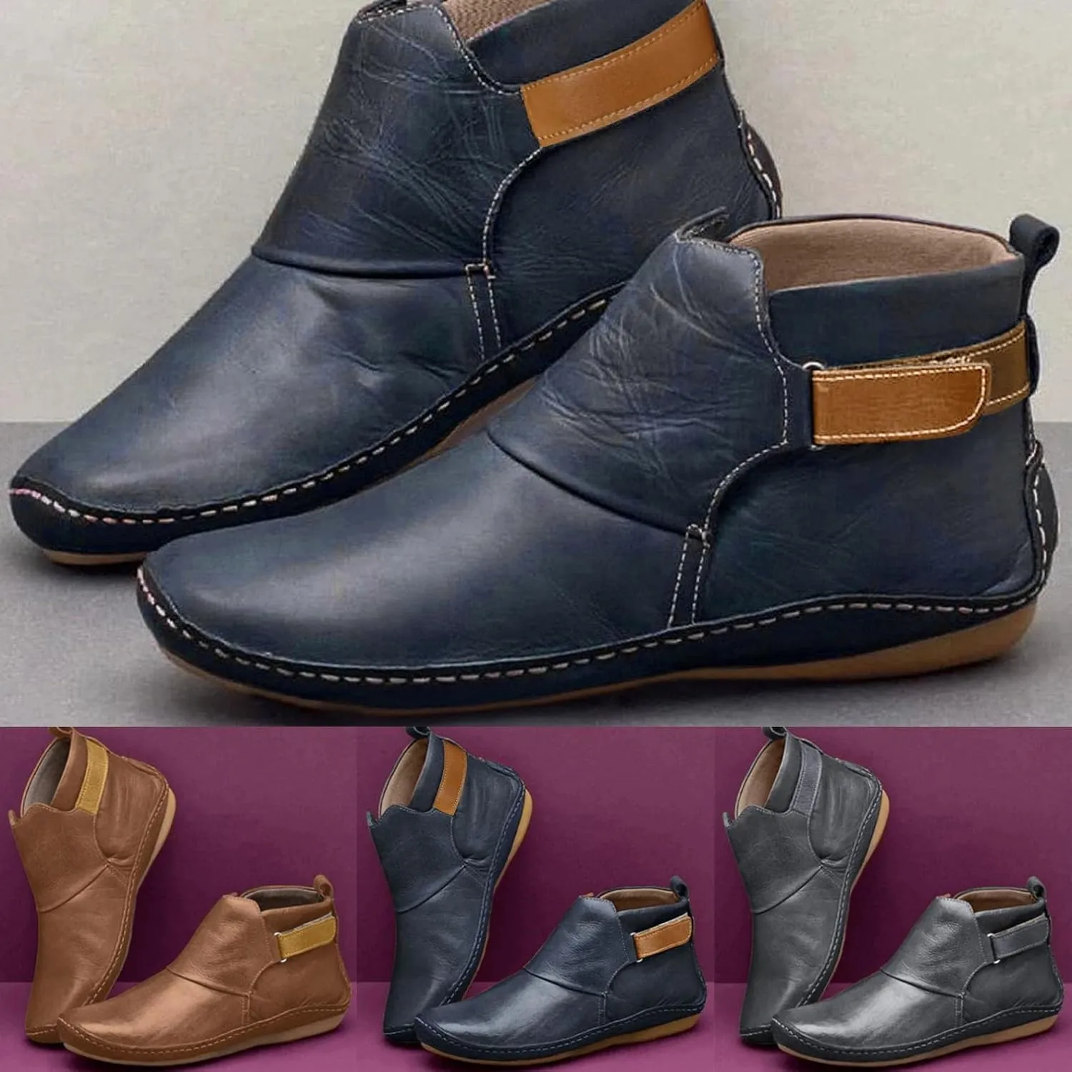 Ankle Boots for Women No Heel,2022 New Arch Support Boots Side Zipper Vintage Leather Damping Shoes Flat Heel Booties