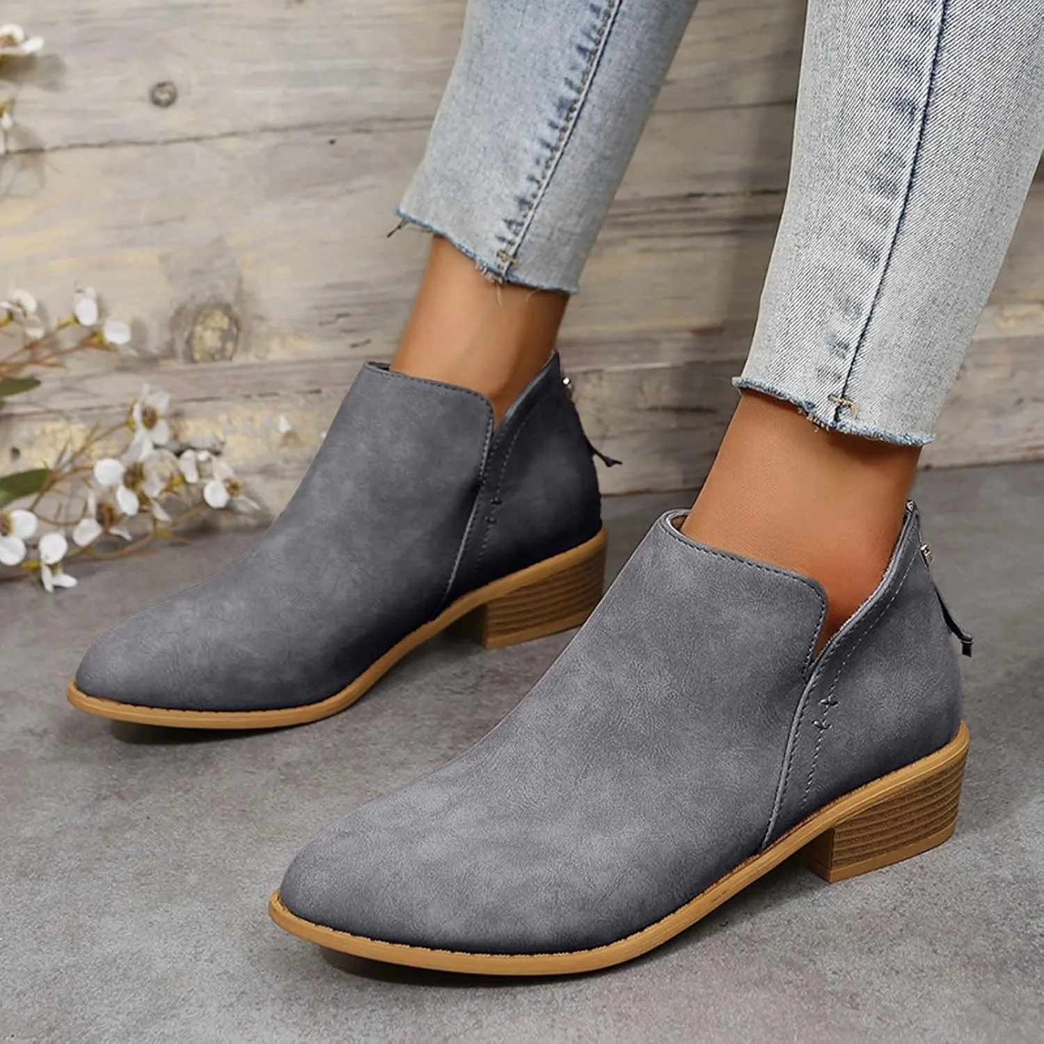 Ankle Boots for Women Riding Boots for Women Fashion British Style Pointed Toe Block Heels Pull on Boots for Women