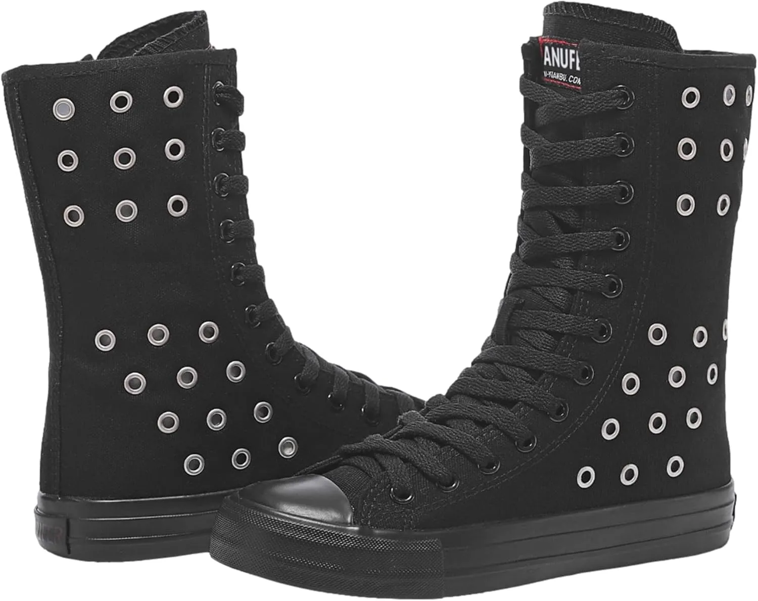 ANUFER Womens Girls Classic Mid-Calf Lace Up Zipper Canvas Boots Casual High Top Canvas Sneakers