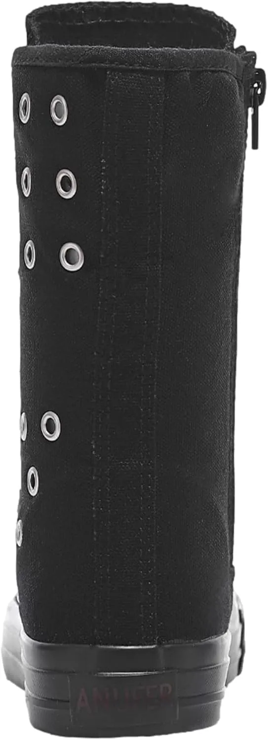 ANUFER Womens Girls Classic Mid-Calf Lace Up Zipper Canvas Boots Casual High Top Canvas Sneakers