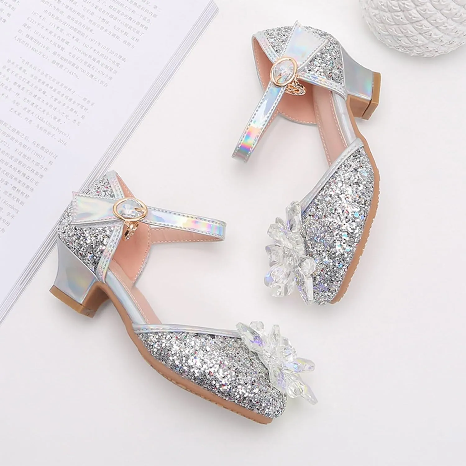 Baotou Shoes Glass Flower Sequins Children's Performance High Heels Little Girl Sandals Kid White Sandals for Girls