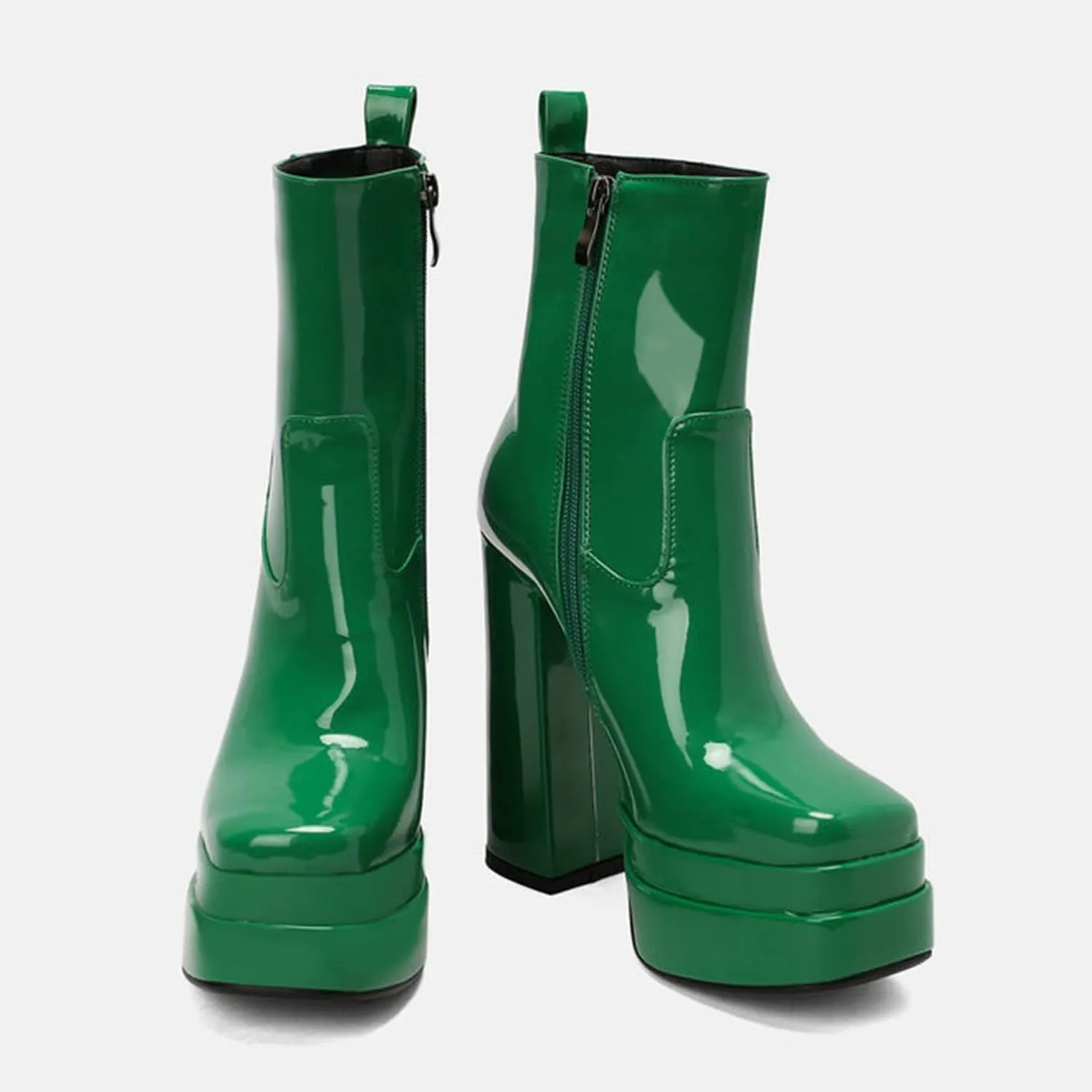 bbruriy Platform Boots for Women Sexy Patent Leather Comfy Dress Booties with Sassy Platform, Chunky Heel, Square Toe and Side Zipper Design