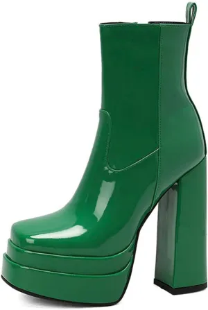 bbruriy Platform Boots for Women Sexy Patent Leather Comfy Dress Booties with Sassy Platform, Chunky Heel, Square Toe and Side Zipper Design