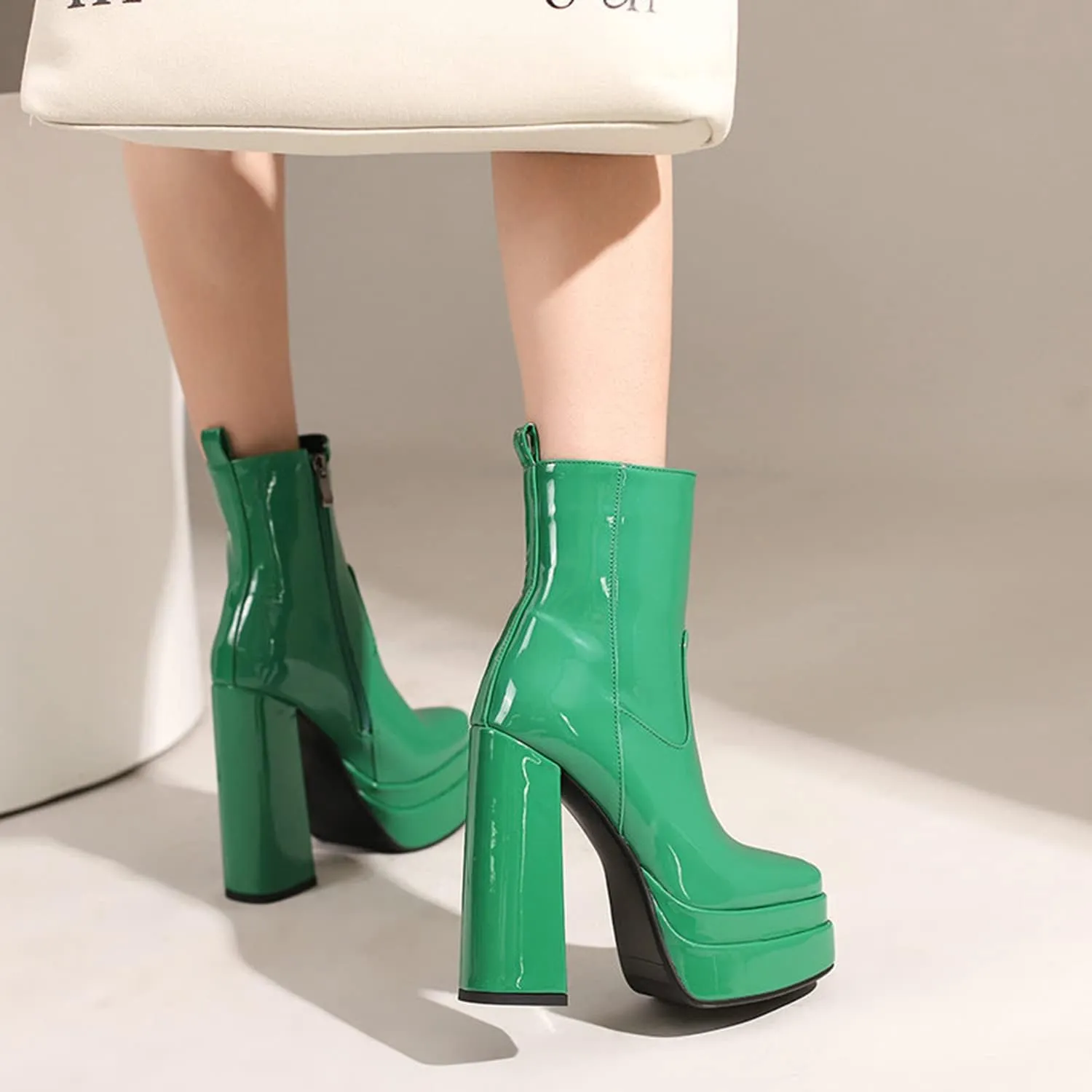 bbruriy Platform Boots for Women Sexy Patent Leather Comfy Dress Booties with Sassy Platform, Chunky Heel, Square Toe and Side Zipper Design
