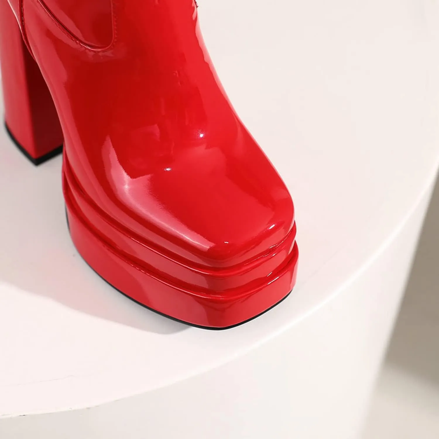 bbruriy Platform Boots for Women Sexy Patent Leather Comfy Dress Booties with Sassy Platform, Chunky Heel, Square Toe and Side Zipper Design
