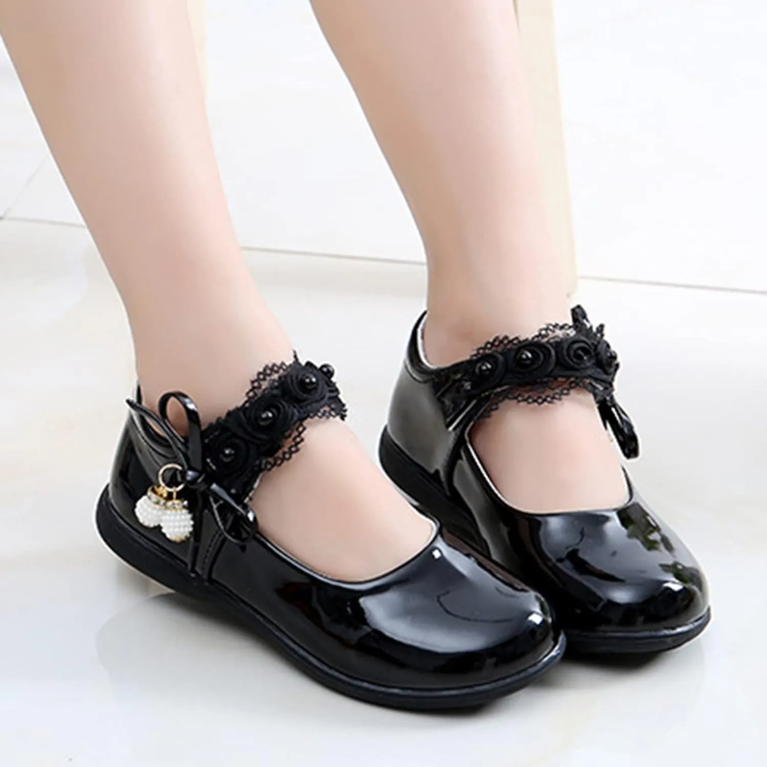Big Girls Dancing Loafers Single Shoes Wedding Party Performance Shoes Lace Floral Decorations and Pendants