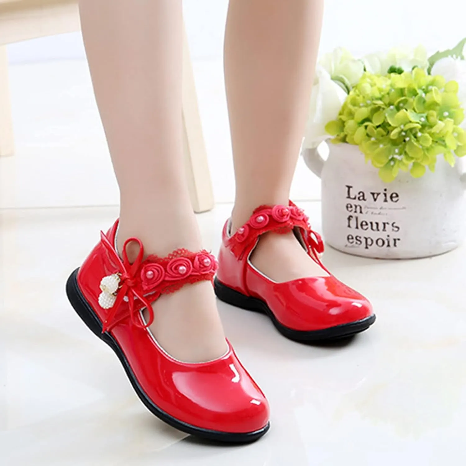 Big Girls Dancing Loafers Single Shoes Wedding Party Performance Shoes Lace Floral Decorations and Pendants