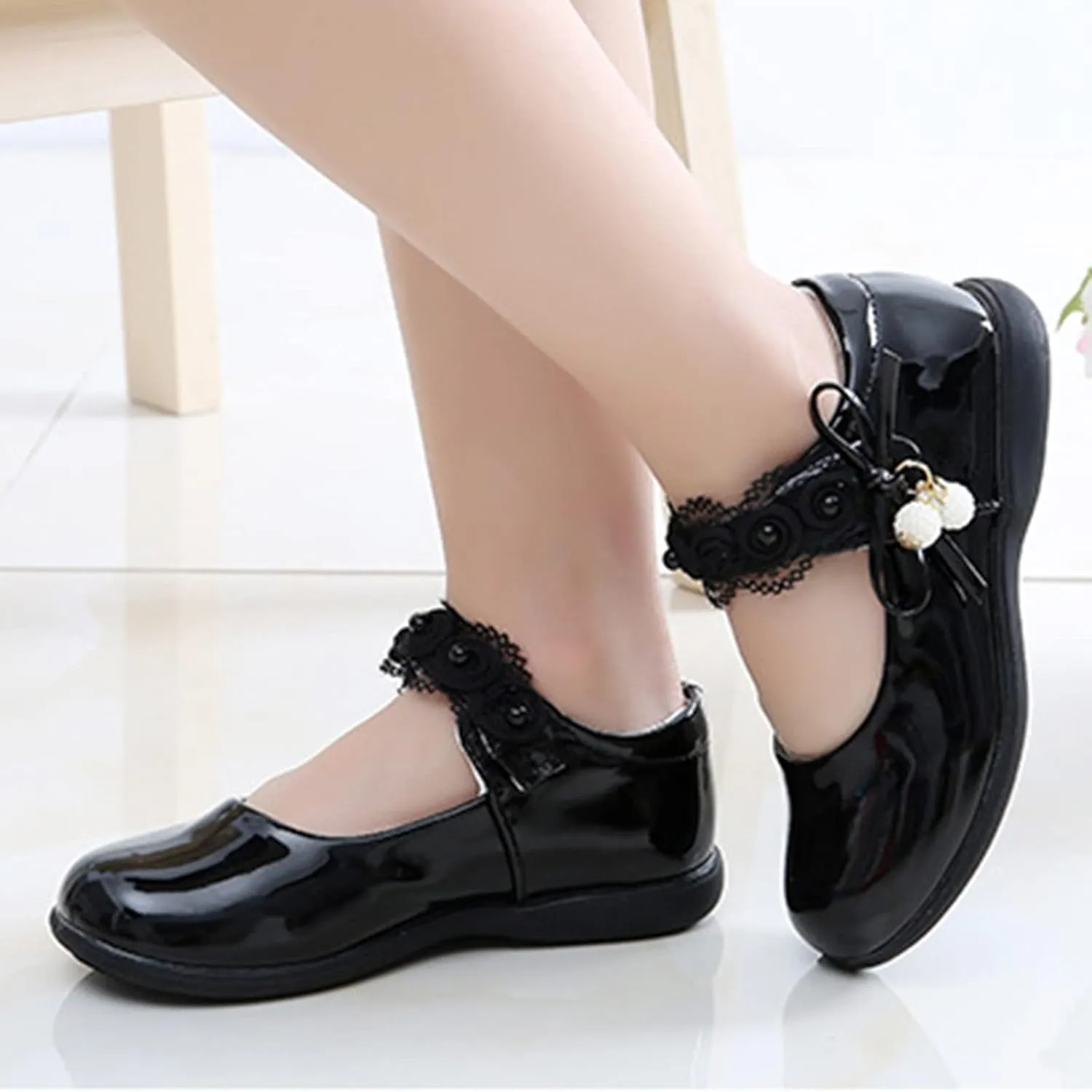 Big Girls Dancing Loafers Single Shoes Wedding Party Performance Shoes Lace Floral Decorations and Pendants