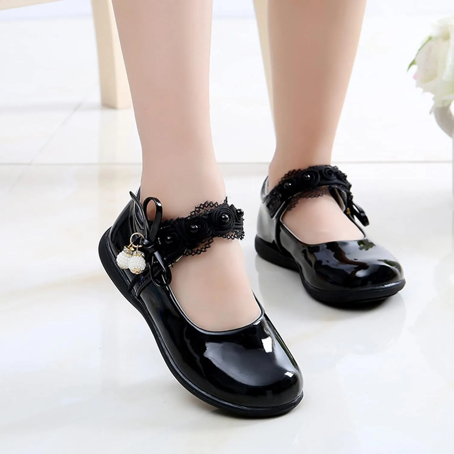 Big Girls Dancing Loafers Single Shoes Wedding Party Performance Shoes Lace Floral Decorations and Pendants