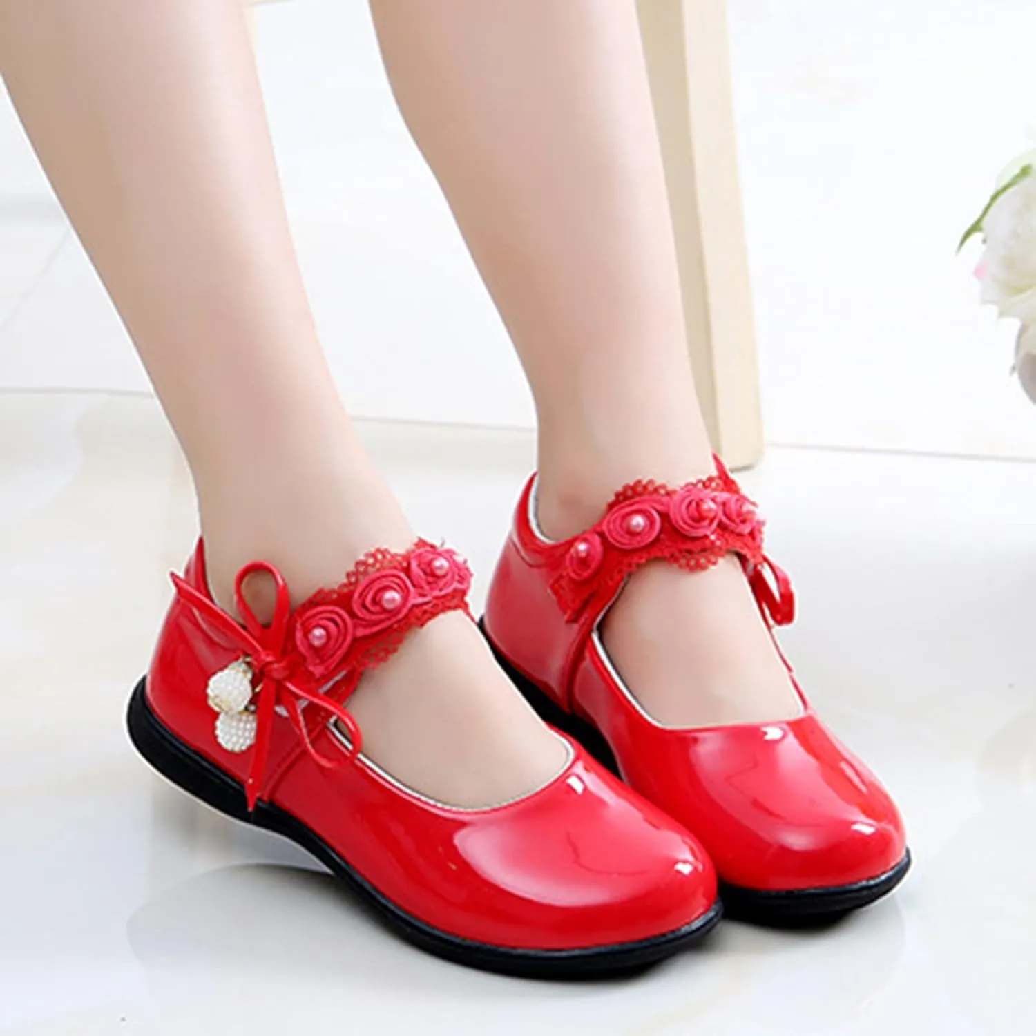 Big Girls Dancing Loafers Single Shoes Wedding Party Performance Shoes Lace Floral Decorations and Pendants