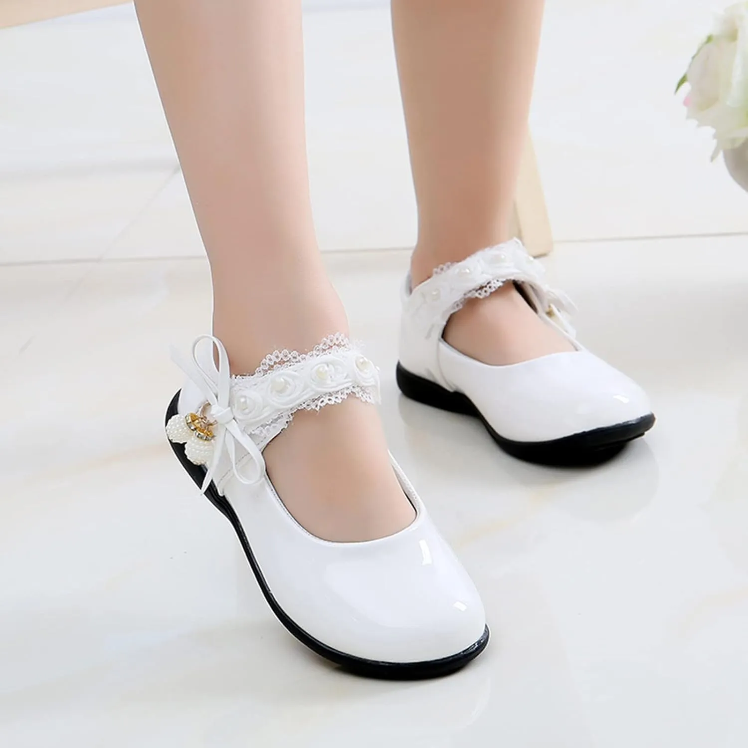 Big Girls Dancing Loafers Single Shoes Wedding Party Performance Shoes Lace Floral Decorations and Pendants