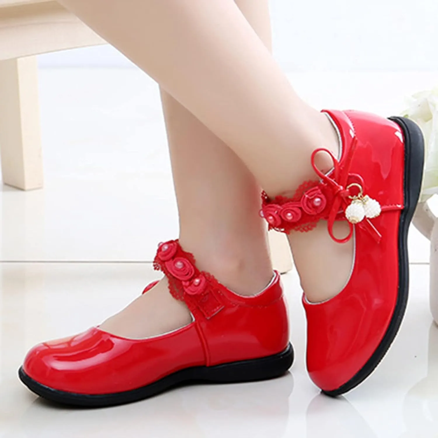 Big Girls Dancing Loafers Single Shoes Wedding Party Performance Shoes Lace Floral Decorations and Pendants
