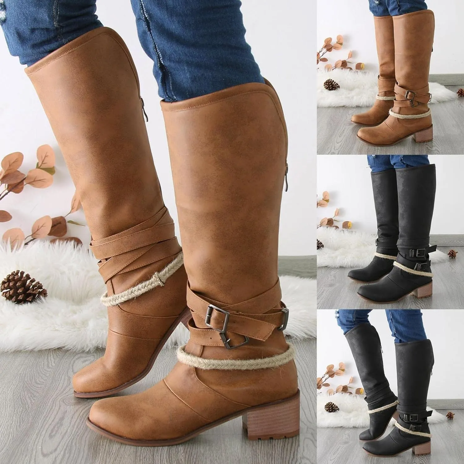 Booties for Women Western Cowgirl Cowboy Boots Wide Calf Round Toe Vintage Embroidered Pull On Booties Shoes