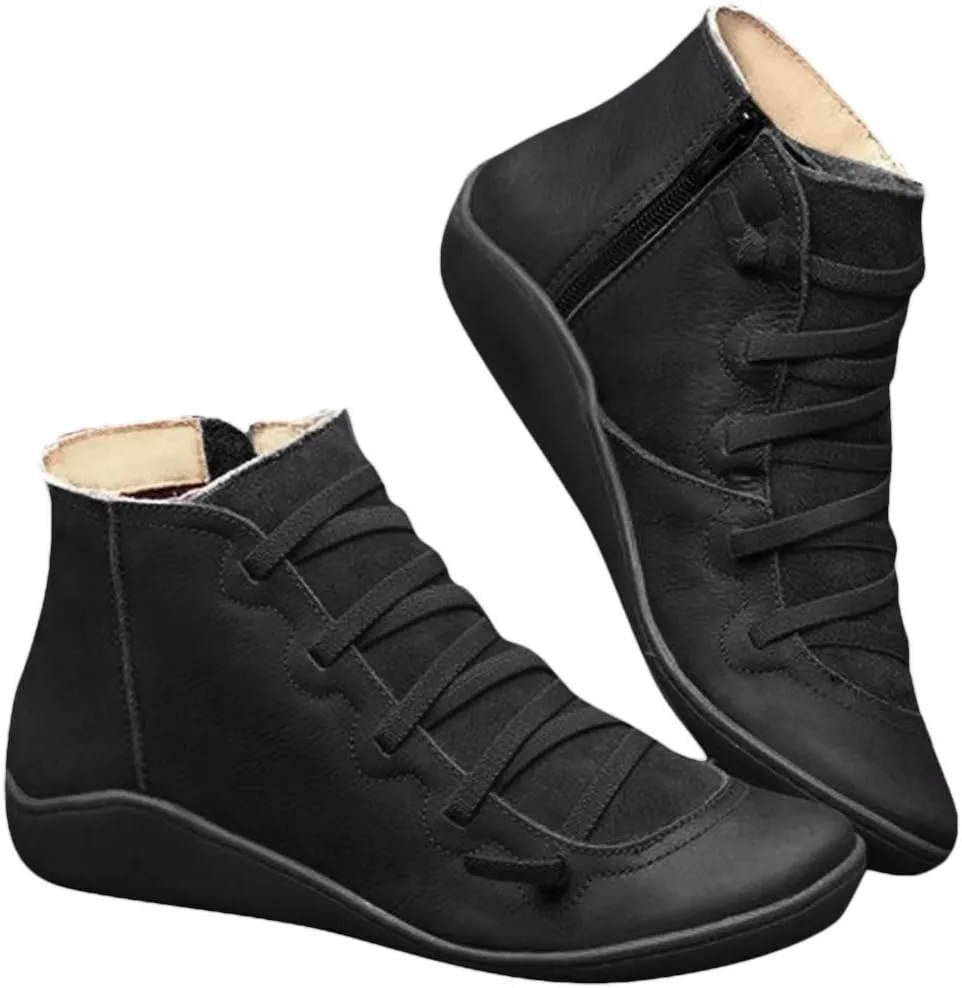 Cathalem Ankle Boots for Women Fall Shoes 2024 Ankle Boots No Heel Lace Up Side Zipper Vintage Retro Booties Slip On Flat Boots