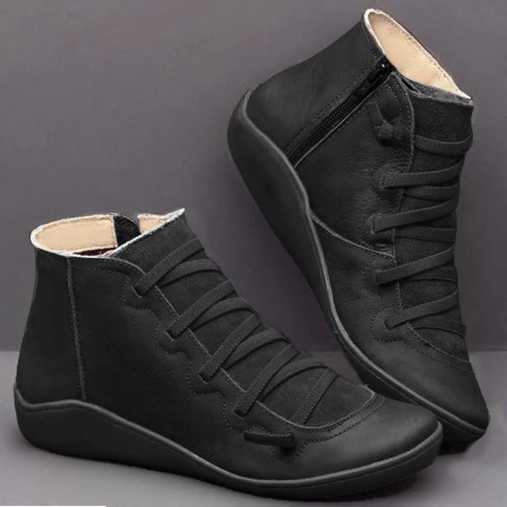 Cathalem Ankle Boots for Women Fall Shoes 2024 Ankle Boots No Heel Lace Up Side Zipper Vintage Retro Booties Slip On Flat Boots