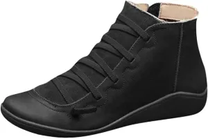 Cathalem Ankle Boots for Women Fall Shoes 2024 Ankle Boots No Heel Lace Up Side Zipper Vintage Retro Booties Slip On Flat Boots