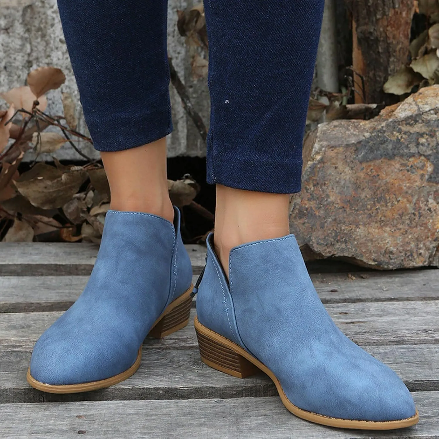 Cathalem Ankle Boots for Women Wide Calf Comfy V-Cutout Side Zip Low Heel Ankle BootiesVintage Leather Hiking Shoes